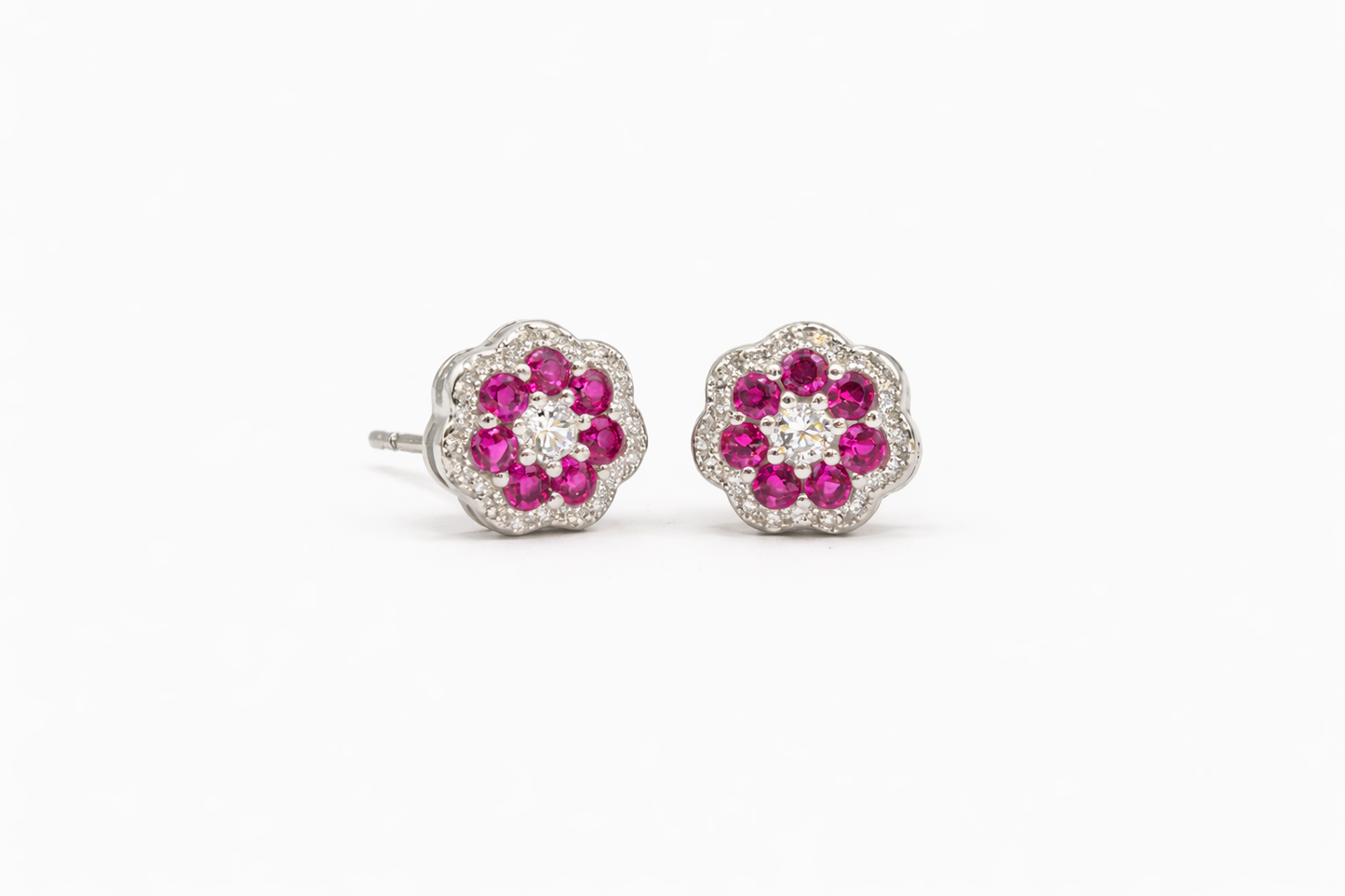 Pink Silver Garnet Flower Earrings