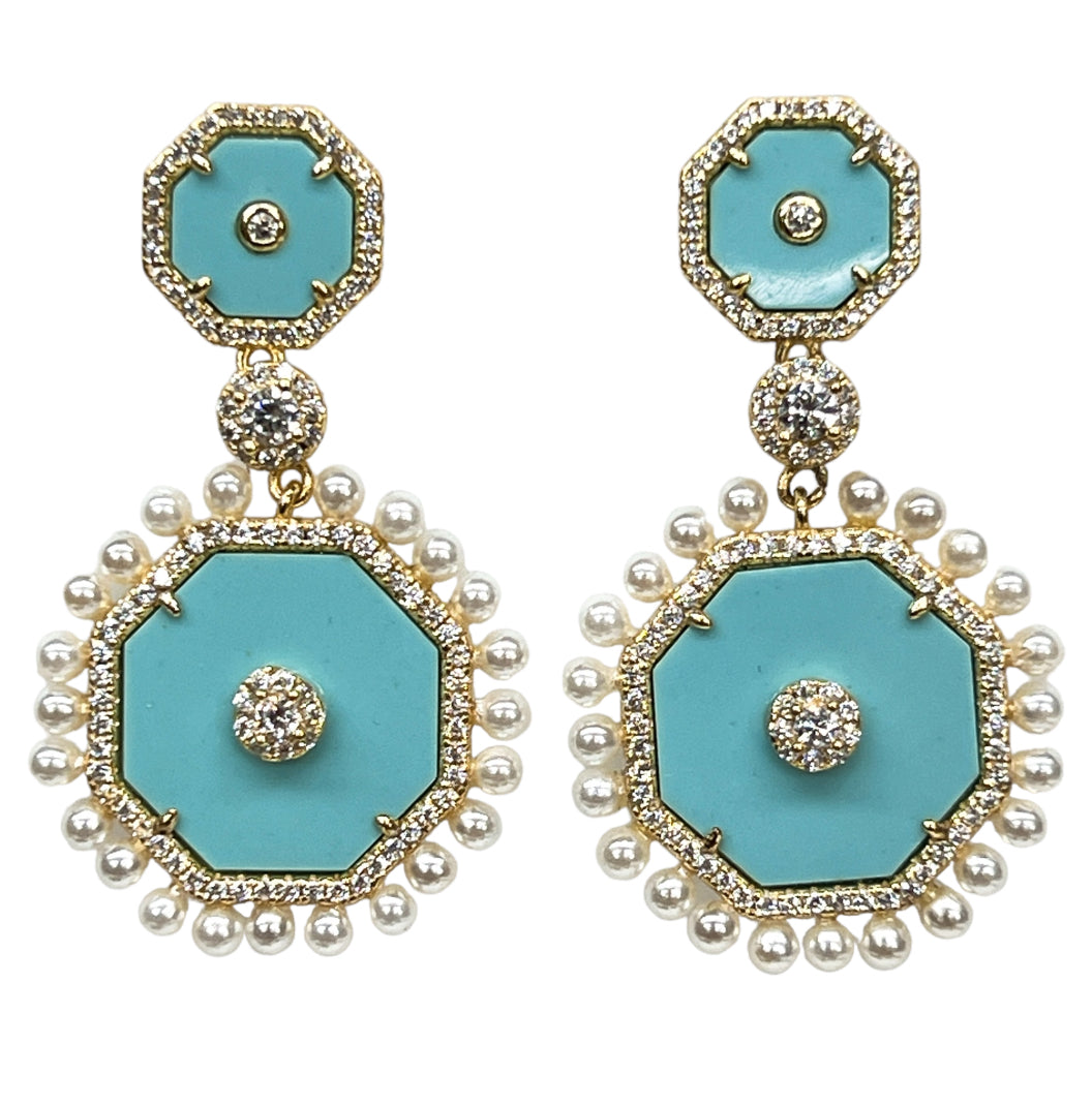 Turquoise Circle & Pearl Earrings