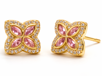 Pink Gold 4-Garnet Flower/Star Earrings