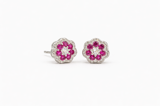 Pink Silver Garnet Flower Earrings