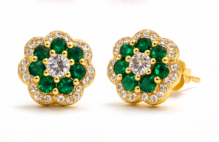 Gold Green Diamond Flower Earrings