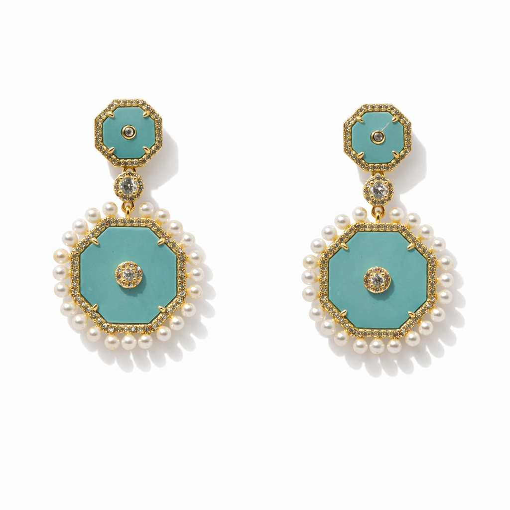 Turquoise Circle & Pearl Earrings
