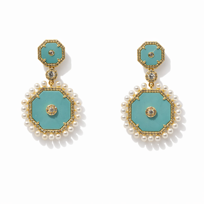 Turquoise Circle & Pearl Earrings