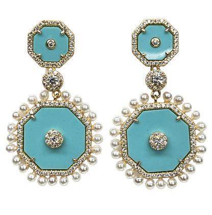 Turquoise Circle & Pearl Earrings
