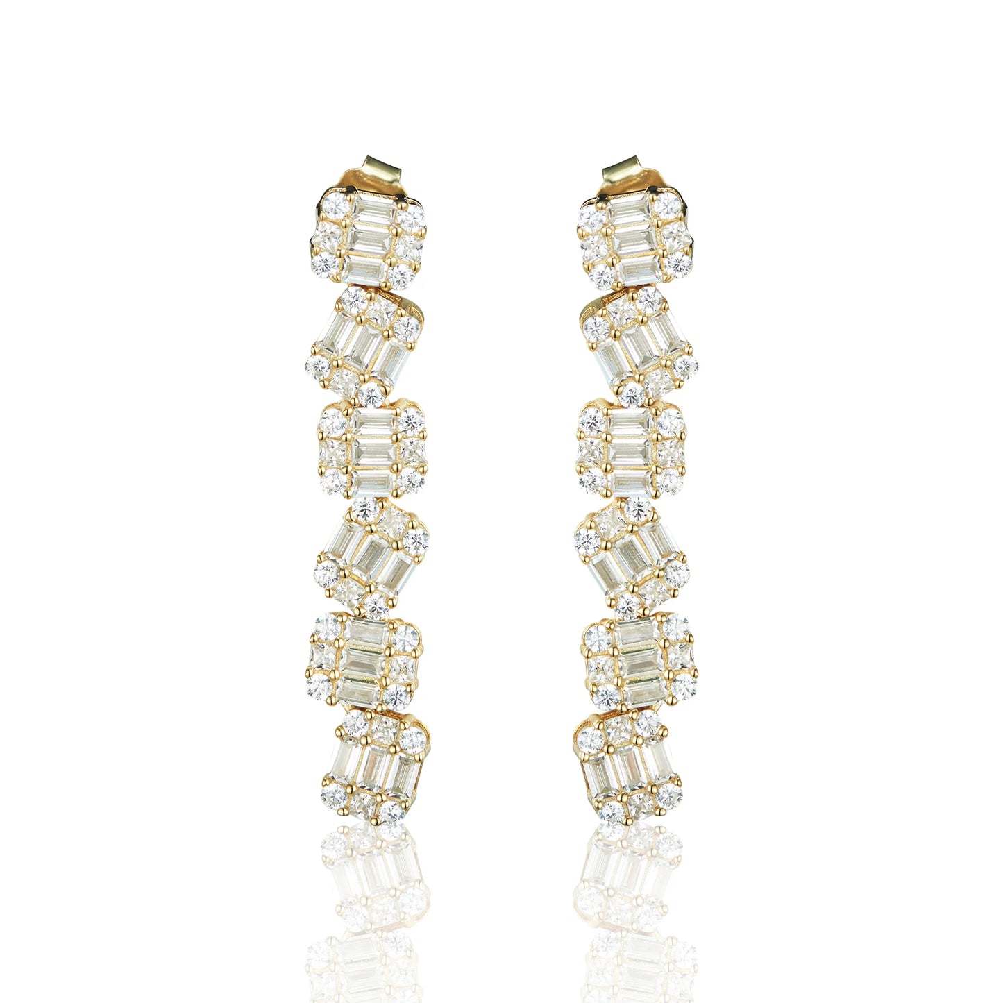 Dangling Rectangle Diamond Cluster Earrings