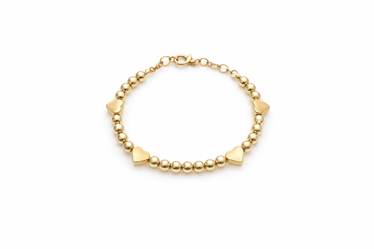 Elegant Gold Ball and Hearts Charm Bracelet
